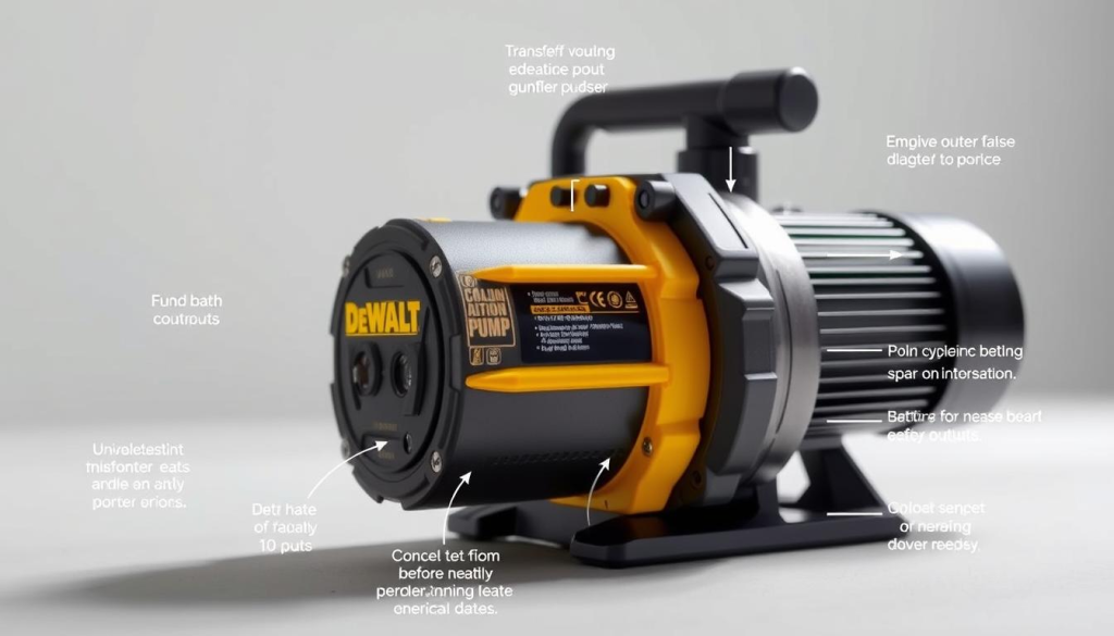 A high-quality, detailed image of the DEWALT transfer pump specifications, showcasing its technical features and design. The pump is prominently displayed in the foreground, with a clean, well-lit, and minimalist background. The image captures the pump's sturdy construction, sleek branding, and various inputs/outputs, allowing potential users to clearly understand its specifications and capabilities. The lighting is soft and diffused, creating a professional, informative atmosphere that complements the subject matter. The camera angle is slightly elevated, providing a clear, unobstructed view of the pump's key components and dimensions.