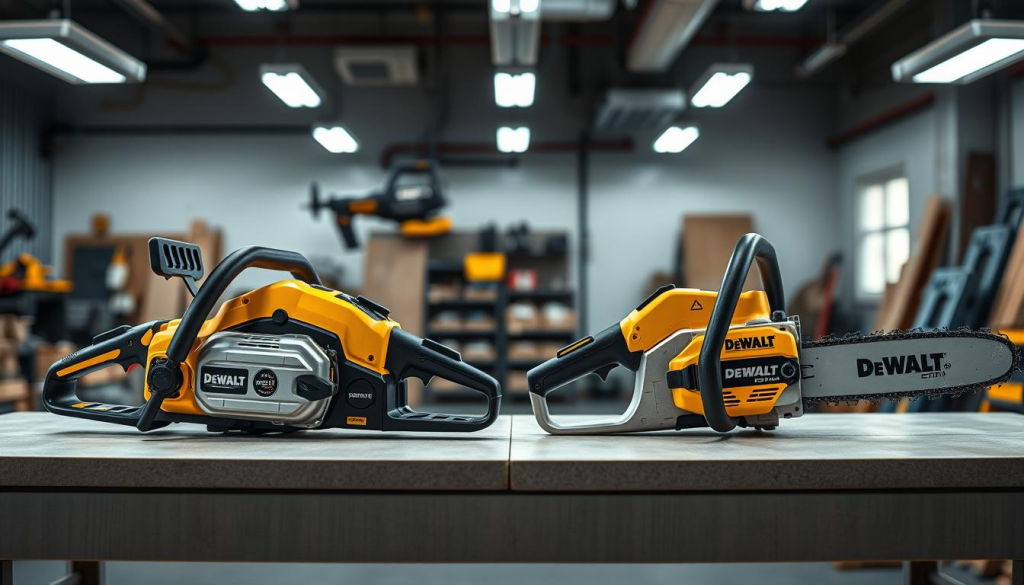 A high-quality, detailed image showcasing a side-by-side comparison of DeWalt electric chainsaws against other leading brands. Set in a well-lit, industrial workshop environment, the chainsaws are displayed on a clean, neutral-colored workbench, allowing their features and design to be clearly visible. The lighting emphasizes the metallic textures and sleek lines of the tools, creating a sense of power and precision. The background is slightly blurred, keeping the focus on the chainsaws and their distinguishing characteristics. The overall tone is professional and informative, reflecting the comparative nature of the subject matter.