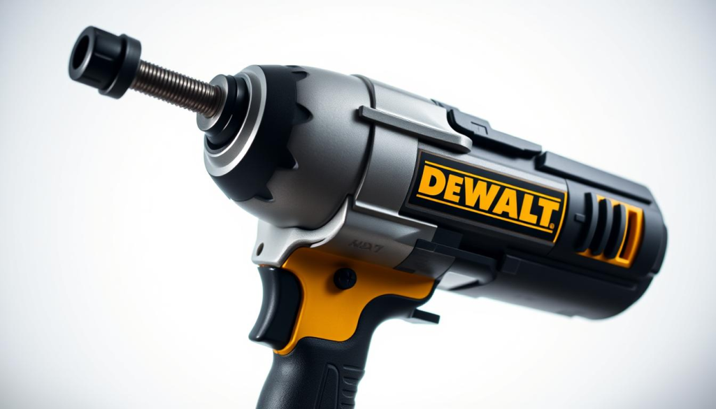 A high-quality, detailed product shot of the DEWALT DCF900 impact wrench, prominently displayed against a clean, well-lit white background. The wrench should be captured from a slightly elevated angle, showcasing its sleek, modern design and robust construction. Crisp, high-resolution focus on the tool's key features, such as the heavy-duty metal casing, high-torque motor, and ergonomic handle. Subtle ambient lighting creates soft, natural shadows that accentuate the wrench's form and texture. The overall composition should convey a sense of professionalism, quality, and the tool's suitability for demanding industrial and construction applications.