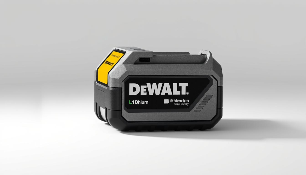 A high-quality, detailed render of a DeWalt lithium-ion battery designed for use with a professional-grade chainsaw. The battery is the focal point, positioned prominently in the center of the frame against a clean, white background. The metal casing has a sleek, modern aesthetic with the DeWalt logo prominently displayed. Accent lighting from the side creates subtle shadows and highlights the battery's sturdy construction and premium finish. The image conveys a sense of power, reliability, and technical precision - key attributes for a high-performance power tool accessory.
