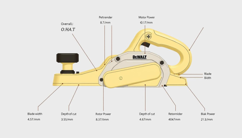 A high-quality, detailed schematic diagram of a DEWALT hand planer, showcasing its key specifications and technical details. The planer is rendered in a clean, minimalist style with a neutral background, allowing the engineering details to take center stage. The image highlights the planer's overall dimensions, blade width, depth of cut, motor power, and other crucial specifications in a clear, easy-to-understand manner. The lighting is soft and evenly distributed, creating a professional, technical illustration aesthetic. The camera angle is slightly elevated, providing a comprehensive view of the planer's form and features. The overall tone is informative and educational, suitable for inclusion in a technical article about the DEWALT hand planer.