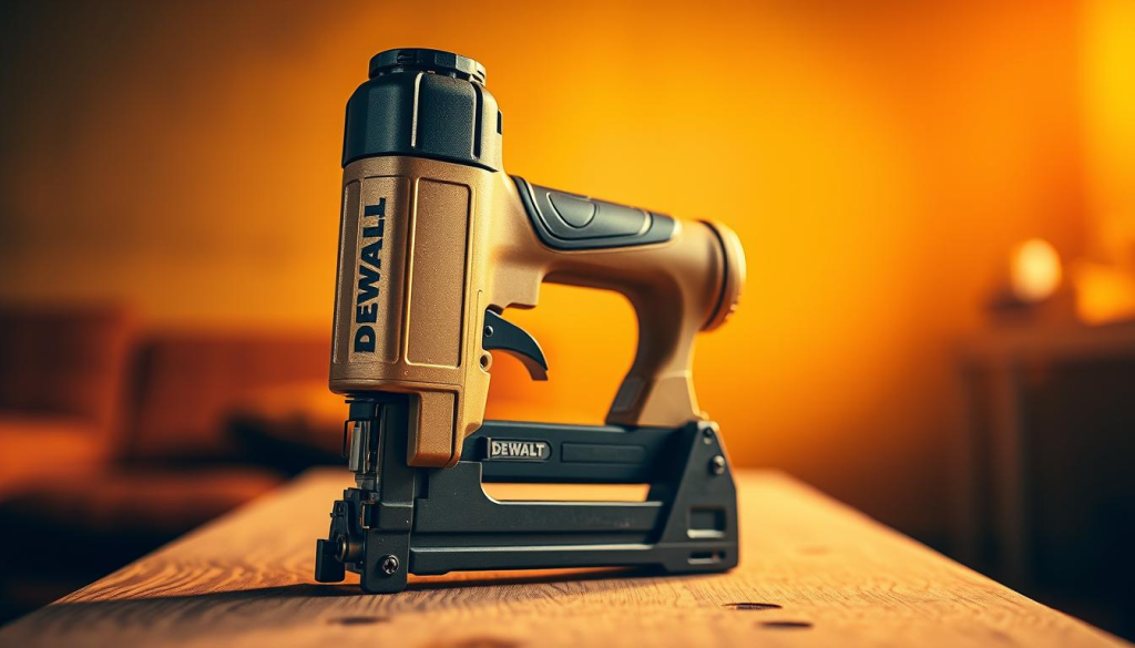 A high-quality, detailed shot of a DEWALT staple gun for upholstery, captured in a warm, well-lit studio setting. The staple gun is centered in the frame, showcasing its robust metal construction, ergonomic grip, and precision mechanisms. The foreground is crisp and in focus, while the background is softly blurred, creating depth and emphasizing the staple gun as the main subject. Subtle shadows and highlights accentuate the tool's form and texture, conveying a sense of craftsmanship and professional-grade quality. The overall mood is one of functionality, durability, and the confidence that this DEWALT staple gun will reliably perform upholstery tasks with ease.