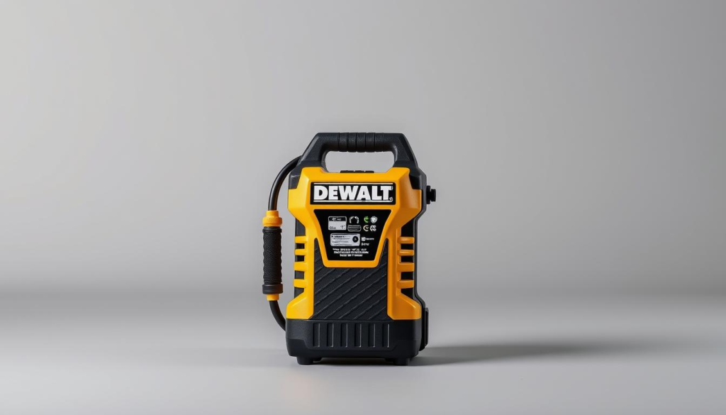 A high-quality, expertly-crafted DEWALT air inflator standing prominently in the center of the frame, captured in exquisite detail with a crisp, clean, and well-lit studio setup. The inflator is presented against a plain, neutral background that allows the product to be the sole focus, showcasing its sleek, modern design and high-quality construction. The lighting is soft and diffused, creating a sense of depth and dimensionality, while the camera angle is positioned to provide a clear, unobstructed view of the inflator's key features and controls. The overall mood is professional, informative, and showcases the inflator's capabilities and quality in a visually compelling manner.