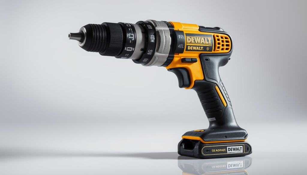 A high-quality, finely detailed image of a DEWALT impact driver, captured in a well-lit studio setting. The driver is placed on a clean, reflective surface, allowing its metallic and plastic components to be observed in crisp detail. Soft, directional lighting from the side and above accentuates the tool's contours and textures, creating a sense of depth and solidity. The angle showcases the driver's ergonomic design, with a focus on the sturdy, rubberized grip and the powerful, compact motor housing. The overall mood is one of professional-grade quality, reliability, and precision - capturing the essence of DEWALT's renowned power tool engineering.