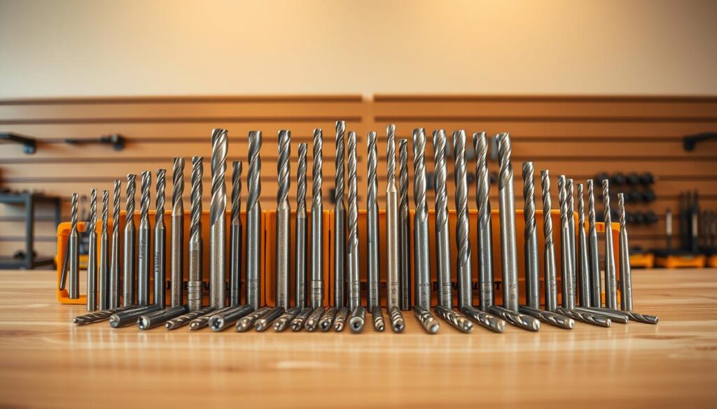 A high-quality hardware store display of DEWALT drill bits, showcased in a well-lit, organized arrangement. The bits are neatly laid out on a sleek wooden surface, their metallic sheen catching the warm, focused lighting from above. The background features a clean, neutral wall, allowing the drill bits to take center stage. The composition emphasizes the precision, durability, and professional-grade quality of the DEWALT brand, capturing the essence of a premium hardware selection.