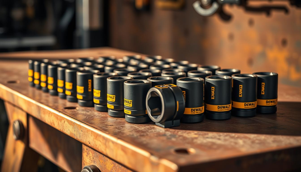 A high-quality, heavy-duty DeWalt impact socket set rests on a sturdy, rust-colored wooden workbench. The sockets, arranged in neat rows, feature a sleek black and yellow color scheme, reflecting DeWalt's iconic branding. Soft, directional lighting casts warm, dramatic shadows, emphasizing the set's robust construction and precision machining. The sockets are presented against a blurred background, allowing the tools to take center stage and showcase their professional-grade quality, perfect for tackling demanding automotive repairs.