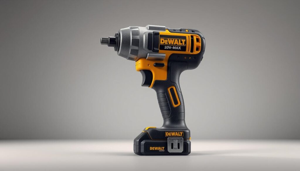 A high-quality, highly detailed digital render of a DEWALT 20V MAX brushless impact wrench in a well-lit, clean studio setting. The wrench is prominently featured in the center of the frame, capturing its sleek, sturdy design and powerful brushless motor. The image is shot from a slightly elevated angle to showcase the textured body and ergonomic grip. Soft shadows and highlights accentuate the tool's metallic finish and compact form factor. The background is a simple, neutral color that allows the impact wrench to be the clear focal point. The overall mood is professional, industrial, and showcases the tool's reliable, high-performance capabilities.