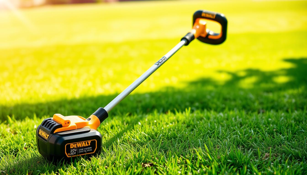 A high-quality image of a DEWALT 20V String Trimmer against a bright, sunlit backdrop. The trimmer is prominently displayed in the foreground, showcasing its sleek design and powerful 20V battery. The middle ground features a well-manicured lawn, hinting at the trimmer's capability to tame overgrown vegetation. In the background, a lush, green landscape creates a serene, inviting atmosphere. The lighting is warm and natural, accentuating the trimmer's yellow and black color scheme. The camera angle is slightly elevated, allowing the viewer to appreciate the trimmer's ergonomic features and overall size. The image conveys a sense of reliable performance and ease of use, perfectly suited to illustrate the section on where to purchase this powerful DEWALT weed eater.