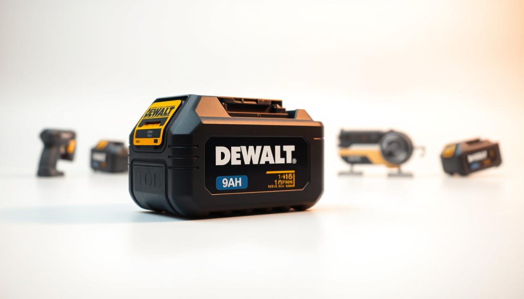 A high-quality, large-format image of a DEWALT 9AH battery prominently displayed in the foreground against a clean, white background. The battery has a sleek, modern design with the DEWALT logo clearly visible. The lighting is soft and diffused, creating a warm, professional atmosphere. In the middle ground, there are simple product shots showcasing the battery's key features and specifications. The background is subtly blurred, keeping the focus on the battery itself. The overall composition is balanced and visually appealing, reflecting the premium quality and durability of the DEWALT 9AH battery.