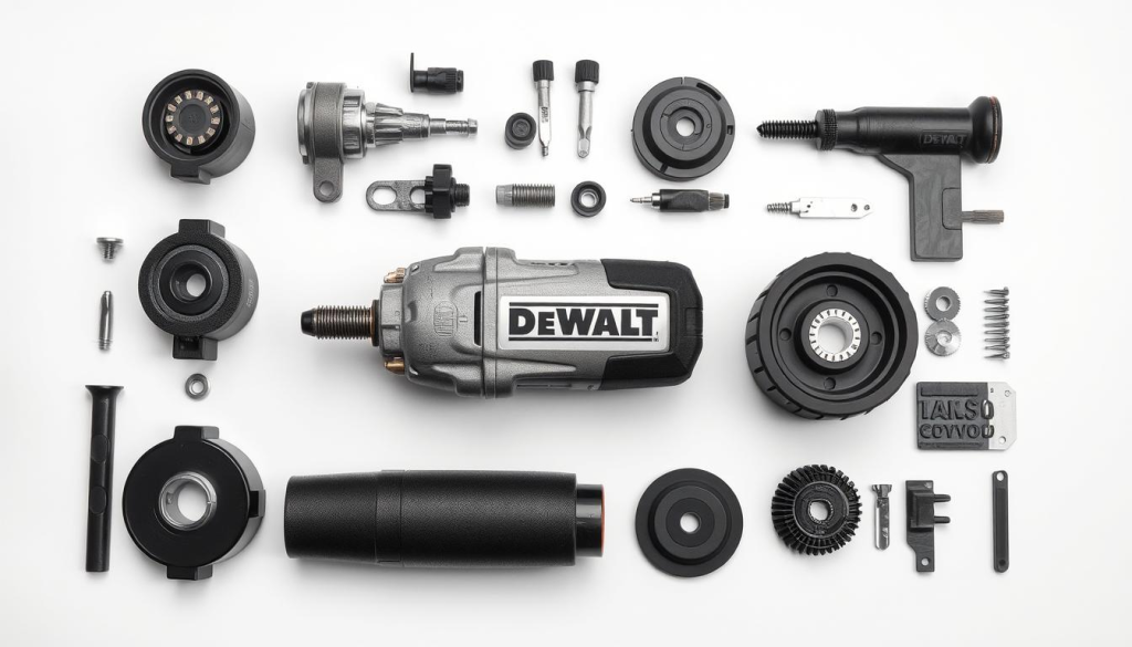 A high-quality, macro-style photograph of disassembled DEWALT oscillating tool parts, including the motor, oscillating head, interface components, and various attachments and accessories. The parts are arranged in an organized and visually appealing layout against a plain white background, with soft, even lighting that highlights the intricate details and textures of the metal, plastic, and rubber components. The scene conveys a sense of precision, quality, and the importance of proper maintenance for optimal performance and longevity of the DEWALT oscillating tool.