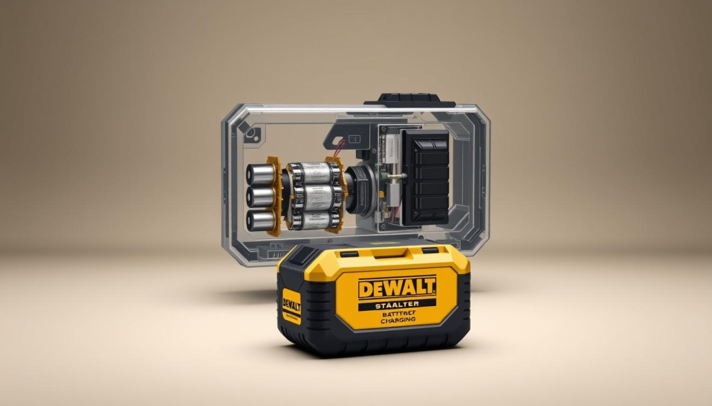 A high-quality, meticulously detailed render of a DEWALT jump starter battery, showcasing its internal technology. The battery is displayed in the foreground, with a clean, well-lit studio setup. The middle ground features a transparent cutaway view, revealing the intricate components and circuitry within, including the cells, wiring, and advanced charging system. The background is a simple, neutral color that allows the battery's design and technology to take center stage. The lighting is soft and directional, highlighting the battery's sleek, rugged construction and metallic accents. The overall mood is one of precision, quality, and technological sophistication, reflecting the DEWALT brand's reputation for reliable, high-performance products.