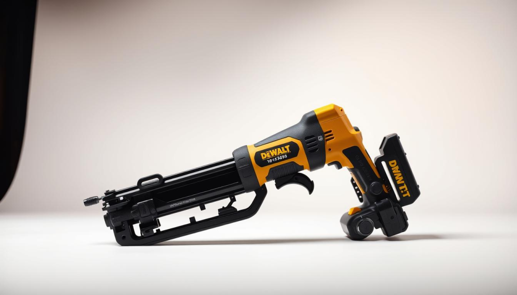 A high-quality, photorealistic image of a DEWALT cordless rivet gun in a well-lit studio setting. The rivet gun is prominently displayed in the center of the frame, with a clean white background that allows the tool to stand out. The lighting is soft and diffused, creating a warm, professional atmosphere. The rivet gun is captured at a slight angle, showcasing its ergonomic design and various features, such as the trigger, battery, and nose piece. The image conveys the power, durability, and precision of the DEWALT rivet gun, highlighting its key features for metalwork applications.