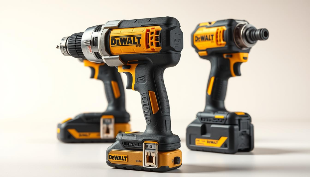 A high-quality, photorealistic image of a DeWalt hydraulic impact driver, prominently displayed in the foreground on a clean, light-colored background. The driver is shown from multiple angles, highlighting its sleek, industrial design and robust build. Crisp lighting from multiple sources emphasizes the metallic surfaces, while subtle reflections and shadows add depth and dimensionality. The image conveys a sense of power, precision, and durability, perfectly suited to showcase the superior engineering and performance of this DeWalt tool.