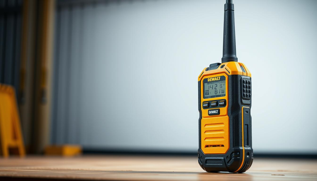 A high-quality, photorealistic image of the DEWALT DCE151KT walkie talkie. The device is prominently displayed in the foreground, its rugged yellow and black casing capturing the jobsite-tough aesthetic. The walkie talkie is captured from a slight angle, showcasing its detailed controls and features. The middle ground is slightly blurred, drawing the viewer's attention to the device. The background is a clean, professional studio setting with soft, even lighting, lending an air of professionalism and highlighting the technical capabilities of the DEWALT walkie talkie.