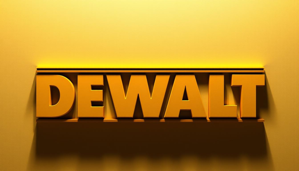 A high-quality, photorealistic image of the DEWALT logo font, rendered in a clean, modern style with a focus on the distinctive typography. The font should be prominently displayed, capturing the bold, sturdy, and industrial aesthetic of the DEWALT brand. Lighting should be directional, casting subtle shadows to accentuate the depth and texture of the letters. The composition should be well-balanced, with the logo centered and occupying a significant portion of the frame. The background should be neutral, allowing the logo to stand out clearly without distractions. The overall mood should convey a sense of professional power, reliability, and precision, befitting the DEWALT brand.