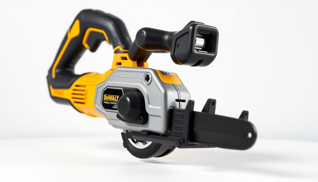 A high-quality, precisely-detailed image of the Dewalt DCS354 cordless reciprocating saw, showcased against a clean, minimalist background. The saw should be prominently featured, with a focus on its sleek, modern design and robust construction. Capture the saw from an angled perspective, highlighting its ergonomic grip, compact form factor, and the array of its advanced features, such as the variable speed trigger and tool-free blade change mechanism. Utilize crisp, directional lighting to accentuate the saw's smooth lines, metallic accents, and high-quality materials. Convey a sense of durability, power, and professional-grade craftsmanship that aligns with the Dewalt brand's reputation for excellence.
