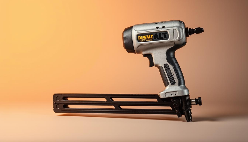 A high-quality, precision DEWALT rivet gun set against a clean, neutral background. The gun is the focal point, displayed in crisp detail with a metallic silver finish and sturdy, ergonomic design. Warm, directional lighting highlights the contours and textures, conveying a sense of quality craftsmanship. The image showcases the tool's key features - the robust trigger mechanism, adjustable nose piece, and secure grip - to emphasize its reliability and suitability for metalwork tasks. The overall mood is professional, functional, and inspires confidence in the tool's capabilities.