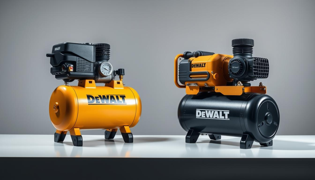 A high-quality, professional comparison of two DEWALT air compressors, captured in a sleek, modern studio setting. The compressors are displayed side-by-side on a clean, minimalist table, illuminated by soft, directional lighting that accentuates their sturdy, industrial design. The foreground focuses on the compressors, showcasing their distinctive features and controls, while the background is a neutral, out-of-focus environment, allowing the products to take center stage. The overall mood is one of precision, functionality, and attention to detail - reflecting the DEWALT brand ethos. The image conveys a sense of technical prowess and side-by-side evaluation, suitable for illustrating a comparison of DEWALT compressors against their competitors.