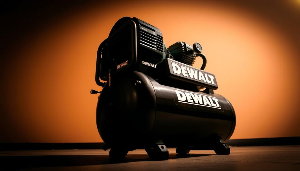 A high-quality, professional-grade DEWALT 30 gallon air compressor, captured from a low angle with dramatic lighting. The compressor's rugged metal body and prominent DEWALT branding stand out against a clean, minimalist background. The scene is illuminated by a warm, directional light source, casting deep shadows that accentuate the compressor's industrial design and mechanical components. The image conveys a sense of power, reliability, and the tool's suitability for heavy-duty workshop or jobsite tasks, aligning with the article's focus on choosing the right air compressor.