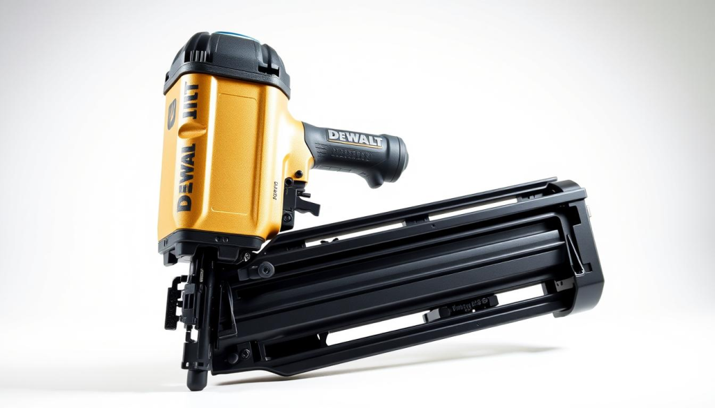 A high-quality, professional-grade DEWALT framing nailer, its sleek metallic body gleaming under a soft studio lighting. The tool's contours and details are sharply in focus, showcasing its robust construction and ergonomic design. The nailer is positioned at a slight angle, allowing viewers to appreciate its weight-balanced heft and the precision of its trigger mechanism. The background is a clean, minimalist white, placing the nailer as the central focus and emphasizing its industrial aesthetic. The overall mood is one of power, reliability, and technical excellence - a tool built to handle the demands of professional carpentry and construction work.