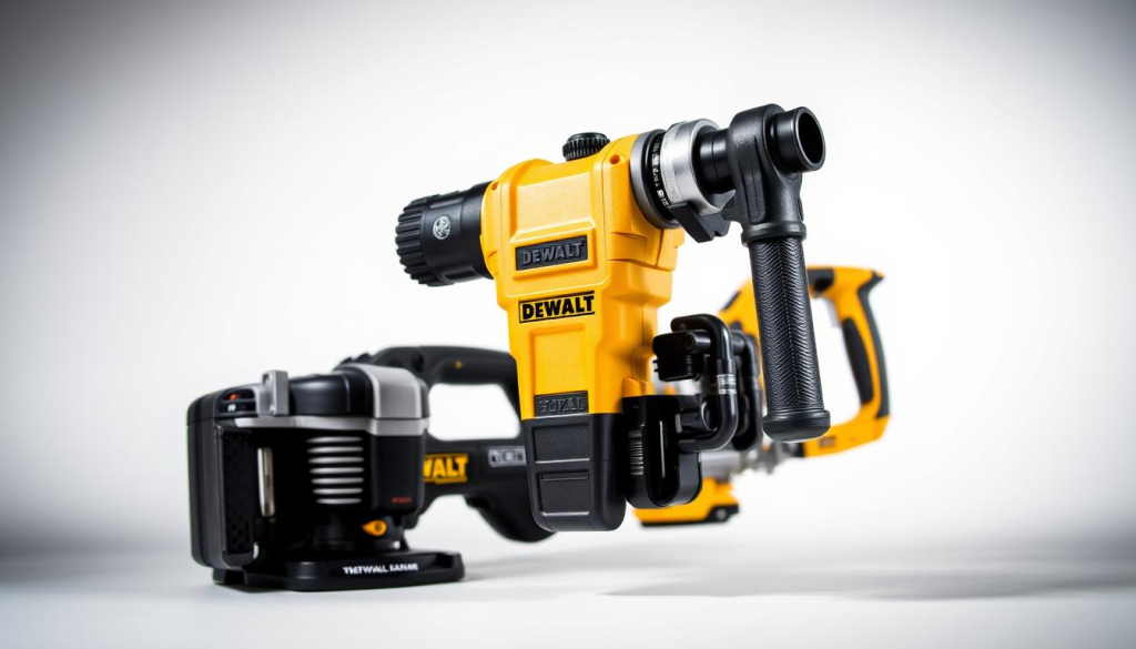 A high-quality, professional-grade DEWALT jackhammer stands prominently in the foreground, its powerful construction and bright yellow casing commanding attention. Beside it, a competitor's jackhammer in a contrasting color provides a clear visual comparison, highlighting the rugged design and attention to detail of the DEWALT model. The scene is captured in a clean, well-lit studio setting, with a neutral background that allows the tools to take center stage. The image conveys the durability, reliability, and performance that professionals have come to expect from the DEWALT brand, making it an ideal visual representation for the "Comparing DEWALT Jackhammers with Competitors" section of the article.