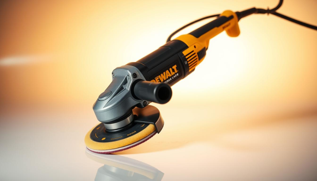 A high-quality, professional-grade DEWALT orbital polisher, illuminated by warm, soft lighting in a clean, minimalist studio setting. The polisher's sleek, sturdy design is showcased, with a focus on its durable construction, ergonomic handle, and precision controls. The image conveys the tool's power, versatility, and suitability for achieving a flawless, mirror-like finish on automotive surfaces. Subtle reflections and shadows add depth and dimension, emphasizing the polisher's premium build quality and performance capabilities. An uncluttered background allows the DEWALT logo and branding to be prominently featured, reinforcing the tool's reputation for excellence in the field of polishing and detailing.