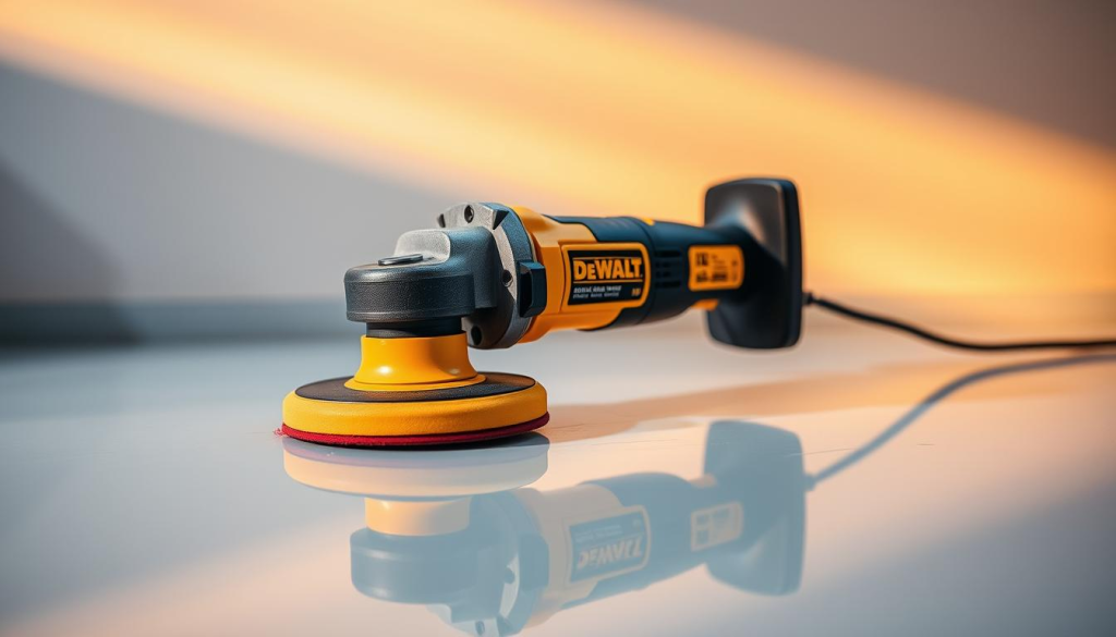 A high-quality, professional-grade DEWALT orbital polisher, its sleek and durable construction showcasing the brand's signature yellow and black color scheme. The polisher is positioned in the foreground, its rotating pad and ergonomic handle clearly visible, illuminated by warm, directional lighting that casts subtle shadows. The middle ground features a smooth, reflective surface, hinting at the polisher's ability to deliver a flawless, mirror-like finish. The background is softly blurred, allowing the polisher to be the central focus, conveying a sense of precision and control.