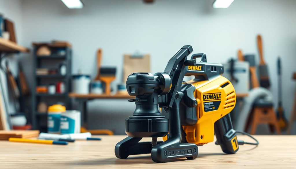 A high-quality, professional-grade DEWALT paint sprayer in a well-lit, spacious workshop setting. The sprayer is prominently featured in the foreground, its sleek, durable design and ergonomic controls clearly visible. The middle ground showcases various paint cans, brushes, and accessories, suggesting the versatility and user-friendliness of the DEWALT sprayer. The background is softly blurred, creating a sense of depth and focus on the main subject. The overall scene conveys a sense of efficiency, reliability, and attention to detail - qualities that would appeal to a discerning DIY enthusiast or professional painter seeking the best DEWALT paint sprayer for their needs.