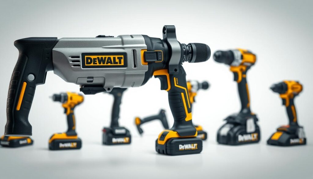 A high-quality, professional-grade DeWalt 20V hammer drill in the foreground, showcased against a clean, bright background. The drill's metal casing and ergonomic design stand out, with careful attention to details like the branded power switch and chuck. Soft, directional lighting highlights the tool's robust construction and conveys a sense of quality and reliability. The middle ground features a selection of DeWalt's other innovative power tools, hinting at the brand's commitment to engineering excellence. The background is a minimalist, white studio setting, allowing the subject to be the primary focus.