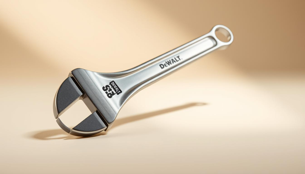 A high-quality, professional-grade Dewalt adjustable wrench in a well-lit, studio-style setting. The wrench's sturdy metal construction and chrome finish glints under soft, diffused lighting, casting subtle shadows that accentuate its form and function. The wrench is positioned on a clean, minimalist surface, allowing it to be the focal point. The background is a simple, neutral tone that does not distract from the tool's design and craftsmanship. The overall mood is one of precision, reliability, and the quintessential Dewalt brand aesthetic.