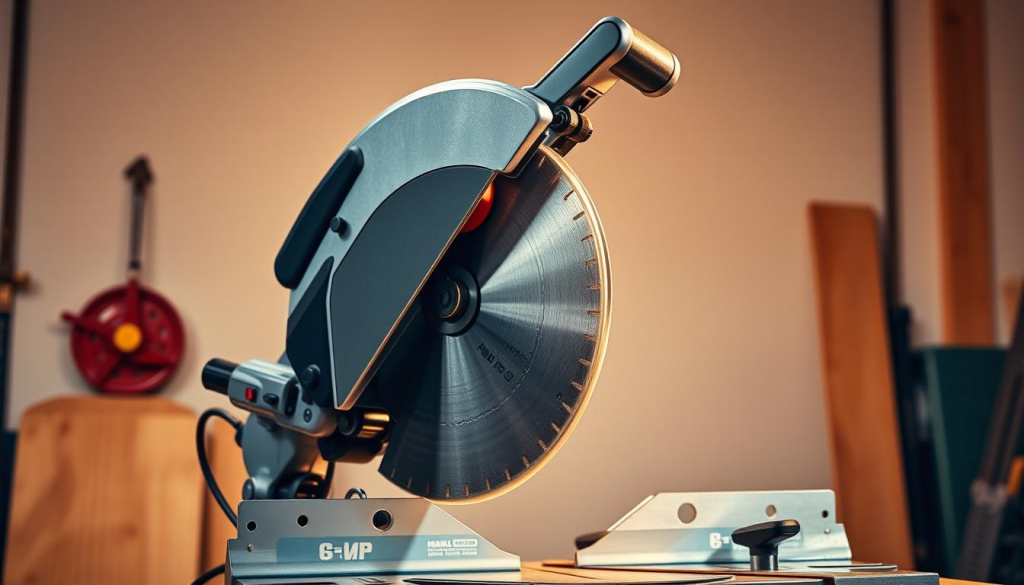 A high-quality, professional-grade compound miter saw set against a clean, well-lit workshop background. The saw's sturdy metal body and precise blade are prominently featured, with the blade angled to showcase the miter and bevel adjustment capabilities. Intricate details like the ergonomic handle, adjustable fence, and dust collection system are clearly visible. Warm, directional lighting casts dramatic shadows, emphasizing the saw's robust construction and technological features. The overall composition conveys the power, precision, and versatility of this essential woodworking tool.