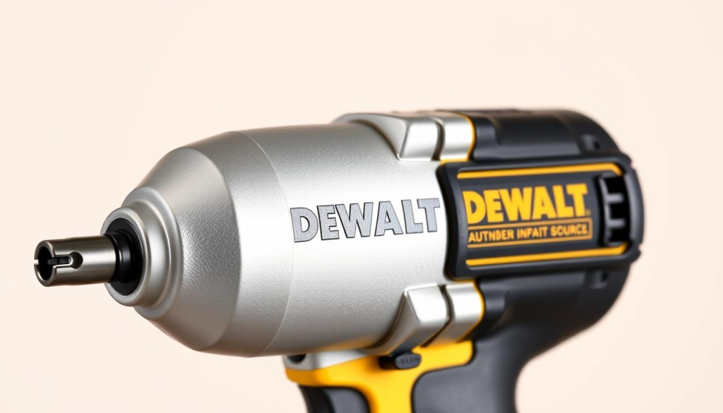 A high-quality, realistic close-up view of a DEWALT 3/8" impact wrench against a clean, neutral background. The wrench is prominently displayed, capturing its robust and powerful design. The silver metallic body with the iconic DEWALT logo is shown in sharp detail, with precise emphasis on the 3/8" drive size and the sturdy, ergonomic grip. Bright, directional lighting highlights the contours and textures, creating a professional, technical aesthetic. The image conveys the durability and performance capabilities of this heavy-duty power tool, ideal for the "Key Features of the DEWALT 3/8" Impact Gun" section.