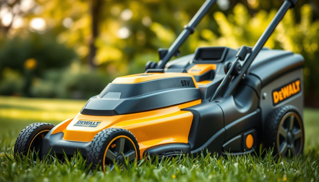 A high-quality, realistic image of a DEWALT 60V cordless lawn mower. The mower is prominently displayed in the foreground, with a sharp, detailed focus. Its sleek, modern design features the signature DEWALT yellow and black color scheme. The mower is captured in a well-lit, natural setting, perhaps a lush, green lawn or garden. The background is slightly blurred, emphasizing the mower as the central subject. The lighting is soft and diffused, creating a warm, inviting atmosphere. The angle is slightly elevated, allowing the viewer to appreciate the mower's impressive size and power. Technical details such as the battery compartment, cutting deck, and wheels are clearly visible, showcasing the mower's advanced features and capabilities.