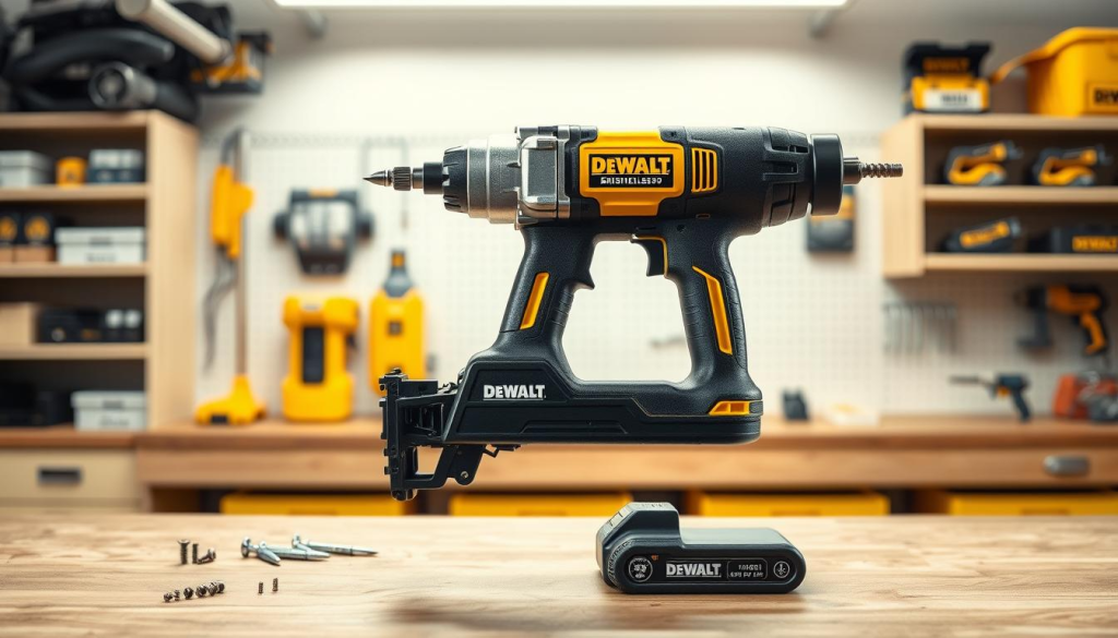 A high-quality, realistic image of a DEWALT brushless screw gun in a well-lit, professional workshop setting. The screw gun is prominently displayed in the foreground, showcasing its sleek and modern design. Soft, directional lighting illuminates the tool, highlighting its metallic components and brushless motor. The middle ground features a clean, organized workbench with various fasteners and accessories, suggesting the versatility of the screw gun. The background includes shelves stocked with other DEWALT power tools, creating a cohesive brand aesthetic. The overall scene conveys the precision, power, and efficiency of the DEWALT brushless screw gun, making it an ideal illustration for the "Types of DEWALT Screw Guns" section.