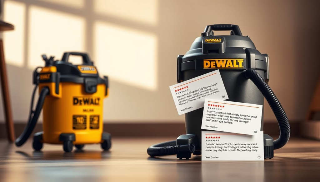 A high-quality, realistic image of the DEWALT Wet Dry Vac, showcasing its impressive features and customer reviews. The vac is positioned in the foreground, highlighted by warm, natural lighting and a subtle depth of field. In the middle ground, several customer review cards are artfully arranged, each displaying positive feedback and ratings. The background features a clean, minimalist setting, allowing the vac and reviews to take center stage. The overall composition and attention to detail create a visually appealing and informative image that effectively captures the essence of the "Customer Reviews and Feedback" section.