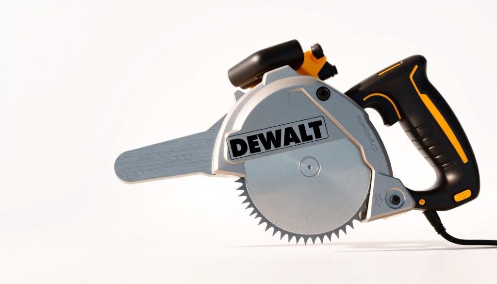 A high-quality, sharply focused image of a DEWALT hand saw prominently displayed against a clean, minimalist background. The saw is shown from an angle that highlights its sleek, modern design and sturdy construction. Warm, natural lighting casts gentle shadows, emphasizing the saw's robust build and premium quality. The background is a simple, uncluttered white or light gray, allowing the hand saw to take center stage. The overall mood is one of professionalism, functionality, and reliability - qualities that embody the DEWALT brand and its trusted reputation for quality tools.