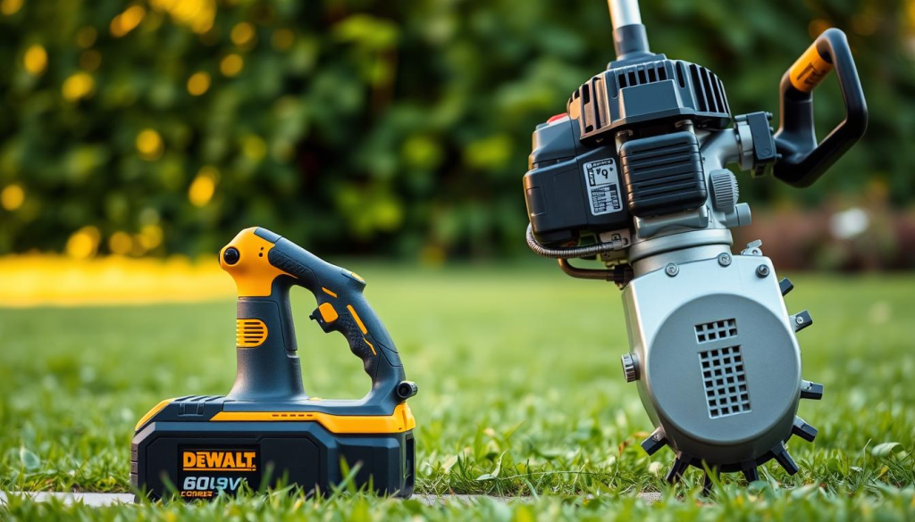 A high-quality side-by-side comparison of a DEWALT 60V cordless weed whacker and a gas-powered model. Set against a lush, verdant backdrop, the electric weed trimmer stands sleek and modern, its battery pack prominently displayed. The gas-powered version looms larger, its engine housing and pull-start mechanism clearly visible. Soft, warm lighting illuminates the scene, highlighting the contrasting textures and finishes of the two tools. The image conveys a sense of thoughtful consideration, inviting the viewer to weigh the benefits and trade-offs between these two weed eater options.