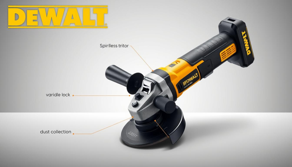 A high-quality, technical illustration of the DEWALT electric die grinder, showcasing its key specifications in a clean, well-lit environment. The grinder is presented at a slight angle, highlighting its ergonomic design and brushless motor. The background is a soft, muted gray, allowing the grinder to take center stage. Precise details such as the variable speed trigger, spindle lock, and dust collection system are prominently displayed, conveying the tool's advanced features and engineering. The lighting is soft and directional, creating subtle shadows that accentuate the grinder's contours and textures. The overall mood is one of professionalism, precision, and functionality, befitting the article's focus on the DEWALT die grinder's technical specifications.