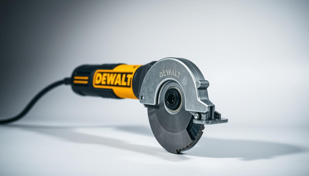 A high-quality, ultra-detailed close-up image of a DEWALT metal cut-off tool, photographed in a well-lit studio setting with a shallow depth of field. The tool is centered in the frame, gleaming with a metallic finish, with a prominent blade and sturdy handle. The background is a clean, neutral color, allowing the tool to be the sole focus. The lighting is soft and diffused, creating gentle shadows that accentuate the tool's contours and texture. The image conveys the power, precision, and professional-grade quality of the DEWALT cut-off tool, perfectly showcasing its key features and capabilities.