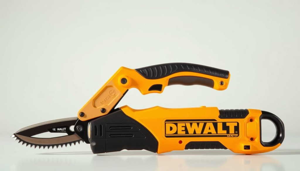 A high-quality, visually appealing image of a DEWALT pruner, showcased against a clean, minimalist background. The pruner should be prominently displayed, capturing its sleek, robust design and professional-grade construction. Highlight the DEWALT brand name and logo, using warm, natural lighting to create a sense of quality and reliability. Capture the pruner from an angle that emphasizes its ergonomic grip and sharp, precision blades, conveying its efficient, effortless performance. The overall composition should exude a sense of sophistication and attention to detail, making it an ideal visual representation for the "Where to Buy DEWALT Pruners in the United States" section of the article.