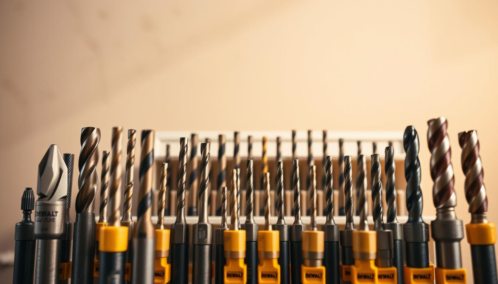 A high-quality, visually striking image depicting a comprehensive DEWALT drill bit selection guide. The foreground showcases an assortment of DEWALT drill bits, each one clearly visible and showcasing its unique size, shape, and purpose. The middle ground features a clean, well-organized display or holder to present the drill bits, with a modern, minimalist design. The background is a softly lit, neutral-toned setting, allowing the drill bits to be the focal point. The lighting is warm and natural, creating a sense of depth and dimension. The camera angle is slightly elevated, providing an overview of the selection while maintaining a crisp, detailed focus on the individual drill bits. The overall mood is one of professionalism, utility, and attention to detail, reflecting the high-quality nature of the DEWALT brand.