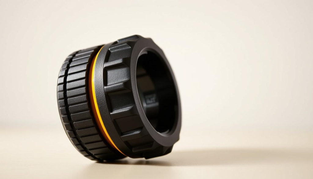 A high-quality, well-lit, close-up photograph of a DEWALT 90 degree adapter viewed from a slight side angle, showcasing its sturdy construction and sleek black and yellow design. The adapter is positioned prominently in the center of the frame, with a clean, uncluttered background that emphasizes its functional purpose. Lighting accentuates the adapter's contours and textured surface, lending a sense of depth and dimension. The image conveys the adapter's versatility and suitability for tight, confined spaces, aligning with the "DEWALT 90 Degree Impact: Versatile Power for Tight Spaces" article subject and "Applications of the DEWALT 90 Degree Impact" section title.
