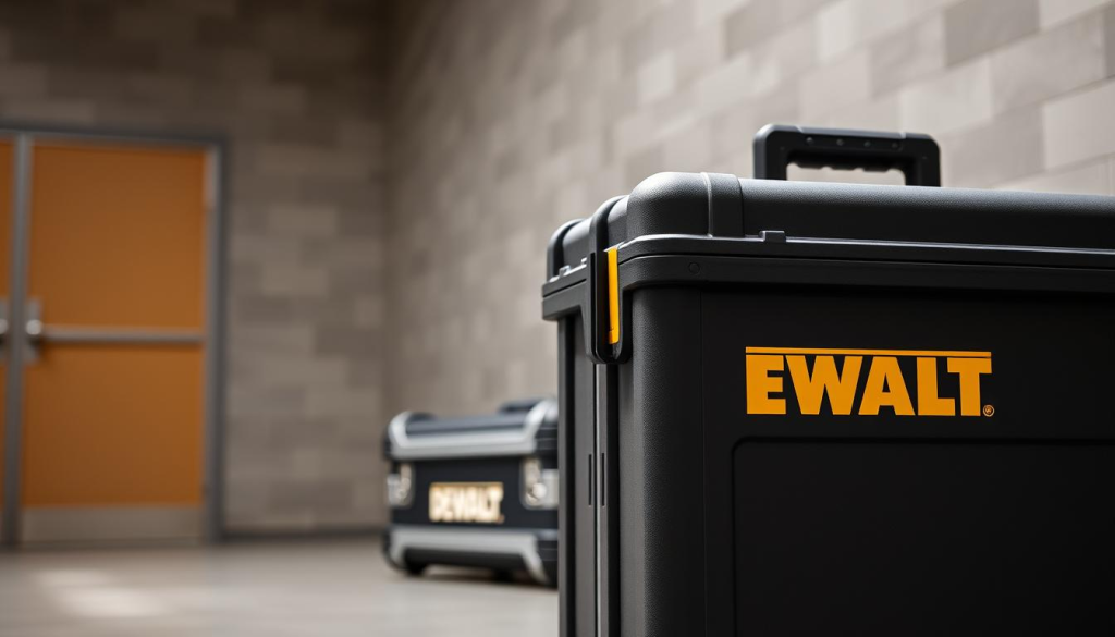 A high-quality, well-lit, close-up photograph of a DEWALT PACKOUT case in a neutral environment. The case is showcased in the foreground, with a slightly blurred background. The case is shown from an angle that highlights its sleek, sturdy design, with emphasis on the DEWALT logo and the modular storage system. The lighting is soft and diffused, creating a warm, professional atmosphere. The image should convey the robust, durable, and organized nature of the DEWALT PACKOUT system, making it a clear contrast to other tool storage solutions.