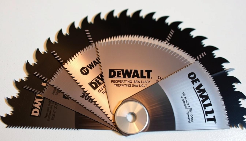 A high-quality, well-lit close-up photograph of a set of DEWALT reciprocating saw blades arranged in a fan-like display on a clean, neutral-colored surface. The blades should be sharply in focus, showcasing their distinctive toothed edges, sturdy construction, and DEWALT branding. The lighting should be soft and even, accentuating the metallic sheen and highlighting the intricate details of the blades. The background should be minimalist, allowing the blades to be the sole focus of the image, conveying a sense of precision, quality, and the essential accessories that complement the DEWALT reciprocating saw.
