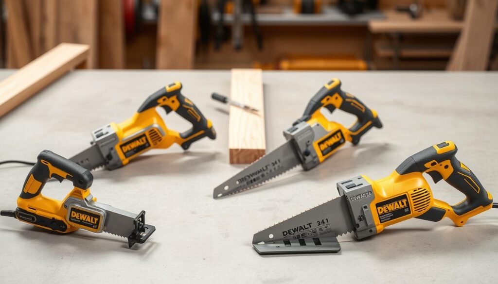 A high-quality, well-lit comparison of three DEWALT hand saws of varying sizes and blade types, laid out on a clean, neutral surface. The saws are positioned in the foreground, showcasing their distinct features and design elements. The middle ground depicts the saws in use, demonstrating their precision and effectiveness in cutting various materials. The background subtly suggests a workshop or carpentry setting, hinting at the versatility and durability of these tools. The overall composition conveys a sense of professionalism, attention to detail, and the advantages of choosing the right DEWALT hand saw for specific cutting tasks.