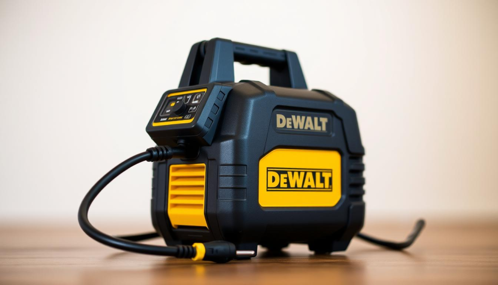 A high-quality, well-lit image of a DeWalt air inflator or air pump, shown in a 3/4 angle view against a plain, slightly blurred background. The device should be prominently displayed, showcasing its sleek, modern design with clear details of the control panel, air hose, and power cord. The lighting should be soft and natural, highlighting the black and yellow color scheme of the inflator. The overall mood should convey a sense of professionalism, practicality, and reliability, reflecting the reputation of the DeWalt brand.