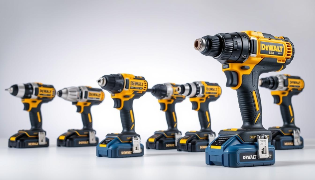 A high-quality, well-lit photographic comparison of the Dewalt 860 impact driver alongside similar cordless power tools. The Dewalt 860 is prominently displayed in the center foreground, its metallic blue and black body gleaming under studio lighting. In the middle ground, other popular impact drivers are arranged for side-by-side evaluation, their varied designs and features accentuated. The background is clean and minimalist, allowing the tools to be the focal point. The overall mood is professional, informative, and showcases the Dewalt 860's robust construction and capabilities in relation to competing models.