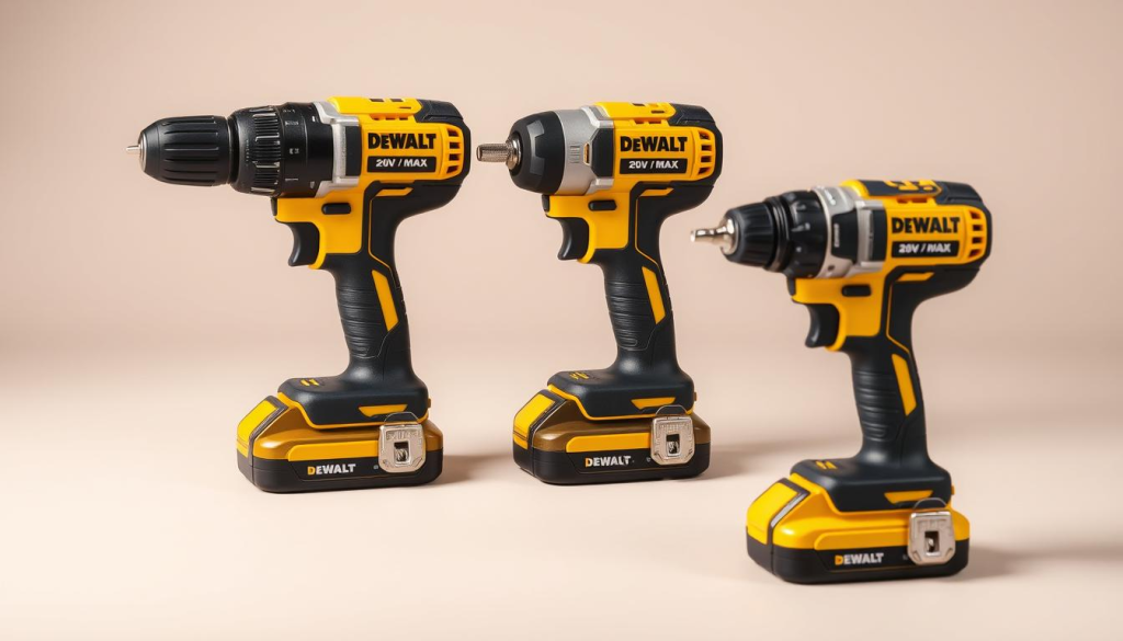 A high-quality, well-lit photographic image of a DEWALT 20V MAX Cordless Drill/Driver Combo Kit, featuring the drill and impact driver side by side on a neutral background. The drill has a black and yellow color scheme, with a powerful brushless motor and a sturdy, ergonomic grip. The impact driver has a similar design and is positioned next to the drill, showcasing their complementary nature. The lighting is soft and diffused, accentuating the sleek, professional appearance of the power tools. The composition places the DEWALT combo kit prominently in the frame, allowing the viewer to clearly see the key features and understand their functionality in the context of the "DEWALT Screw Gun vs. Traditional Screwdrivers" section.