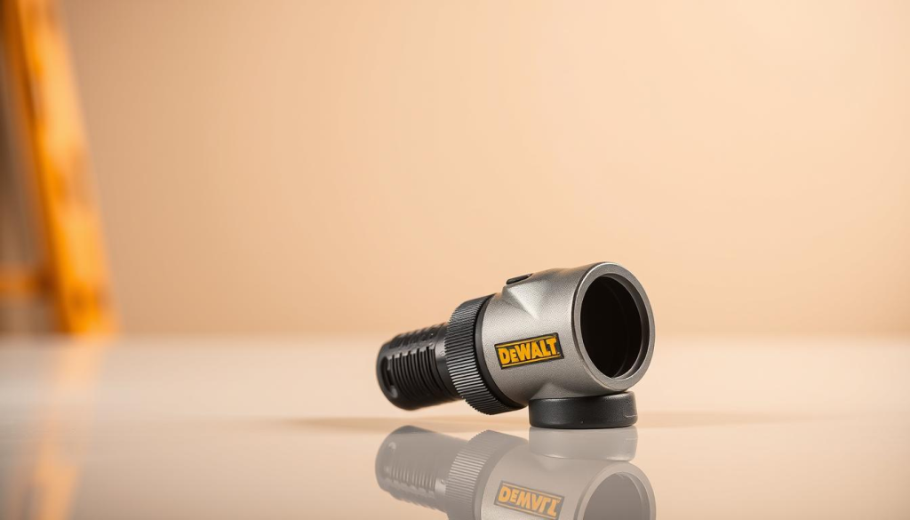 A high-quality, well-lit studio photograph of a DEWALT right angle drill attachment, placed on a clean, reflective surface. The attachment is presented in the foreground, showcasing its compact, ergonomic design and sturdy metal construction. The mid-ground features a soft, blurred background, creating a sense of depth and focus on the subject. The lighting is warm and directional, highlighting the attachment's sleek lines and metallic finish. The overall atmosphere is professional and inviting, conveying the product's quality and reliability.