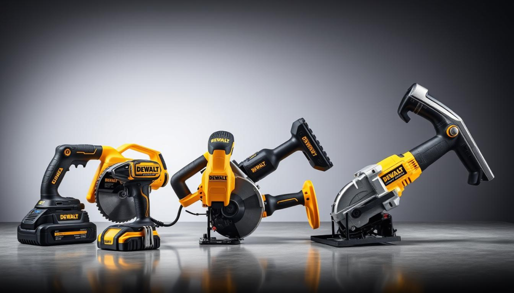 A high-quality, well-lit studio photography setup showcasing a comparative display of DEWALT cut-off tools. The foreground features three distinct models - a compact cordless cut-off tool, a powerful corded option, and a heavy-duty industrial-grade version. The tools are arranged in a visually appealing arrangement, allowing the viewer to clearly see the size, design, and feature differences between the various cut-off tool options. The middle ground has a clean, neutral background that allows the tools to take center stage. Subtle highlights and reflections on the metal surfaces convey the premium quality and durability of the DEWALT brand. The overall mood is professional, informative, and highlights the versatility of DEWALT's cut-off tool lineup.